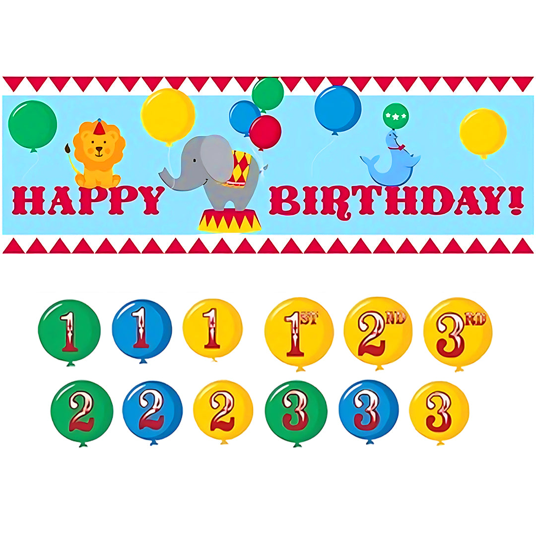 Circus Theme Happy Birthday Party Banner with Stickers - 13PC