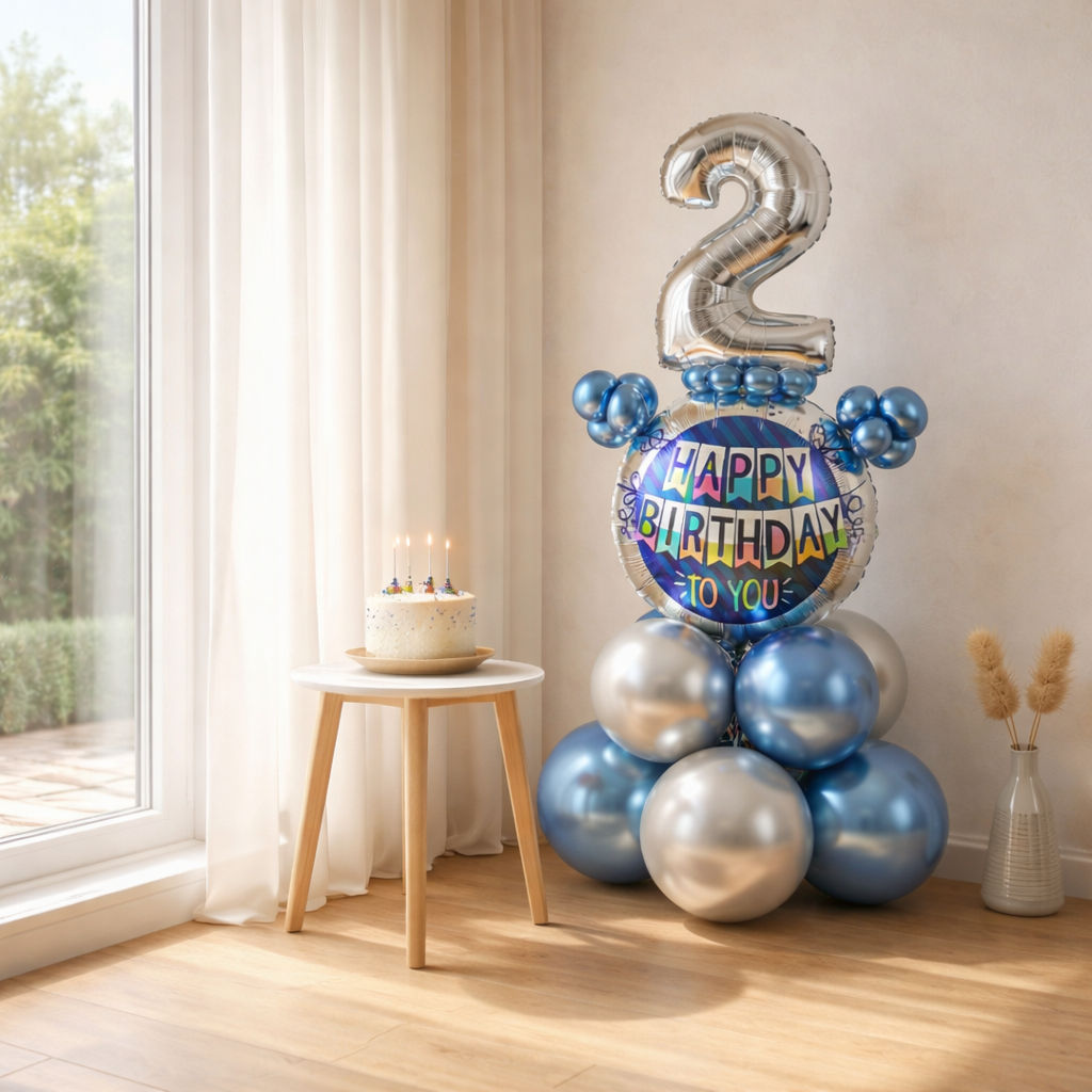 Designer Blue & Silver Balloon Bouquet Arrangement for 2nd Birthday