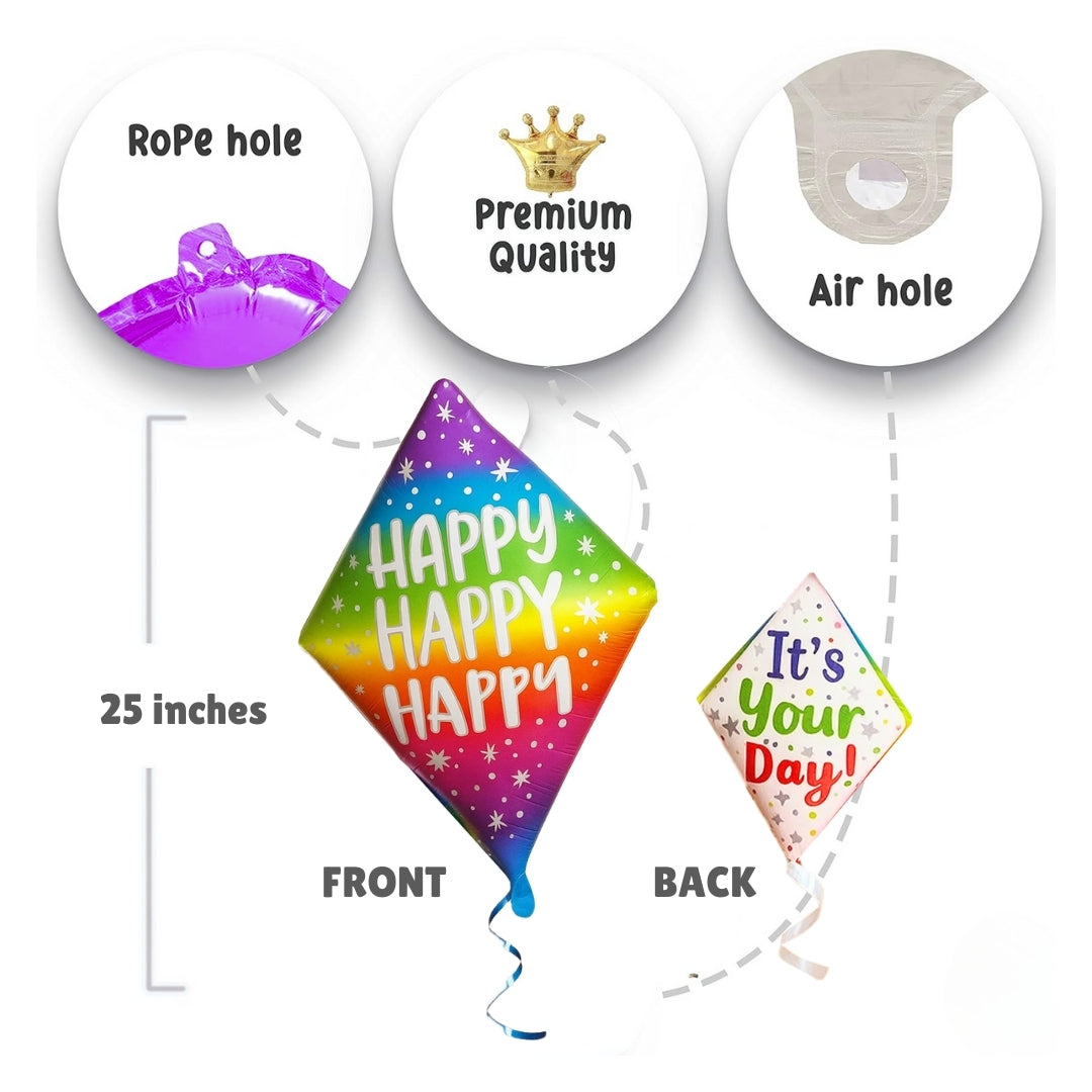 Happy Happy Happy Diamond Shape Foil Ballon - Air Filled or Helium Quality - 25 inches -1PC