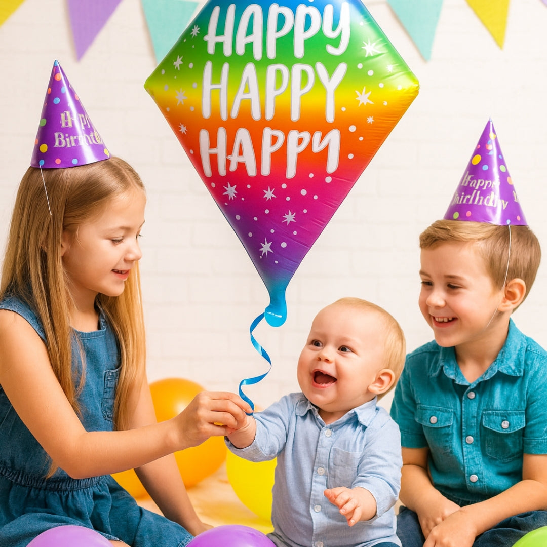 Happy Happy Happy Diamond Shape Foil Ballon - Air Filled or Helium Quality - 25 inches -1PC