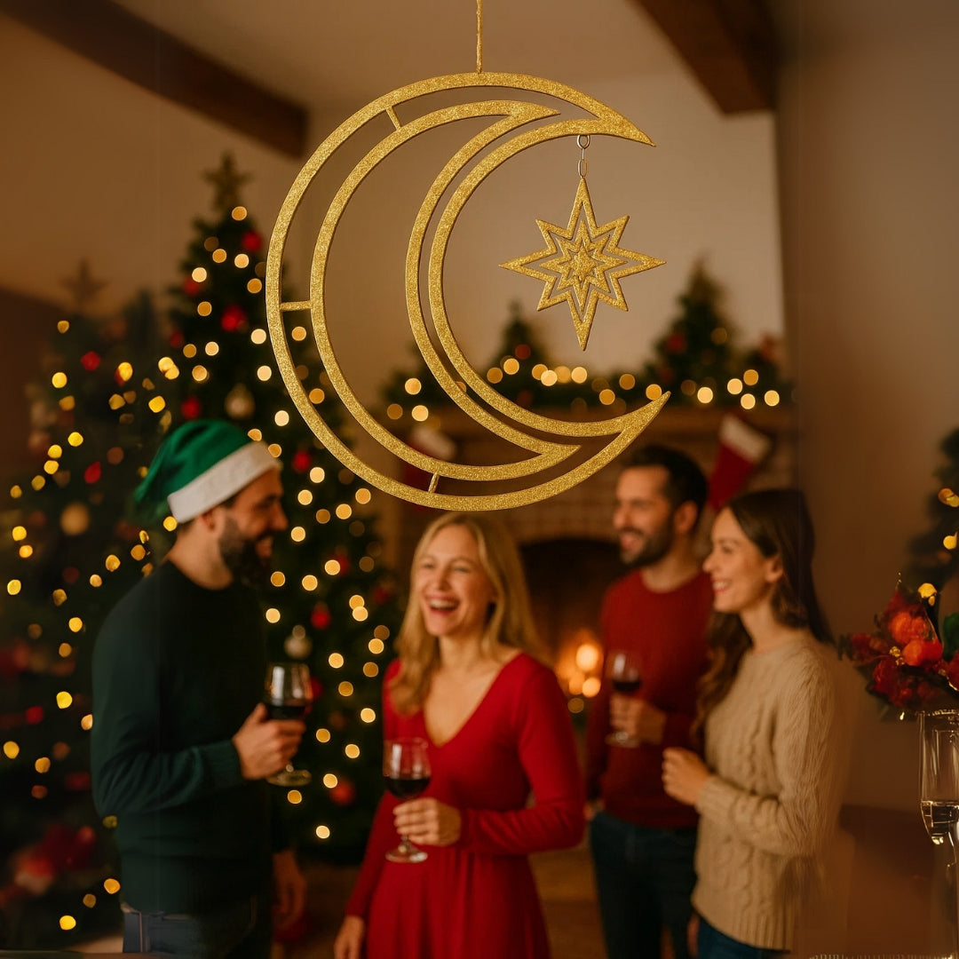 3D Moon & Star Hanging Decoration Golden- 1PC