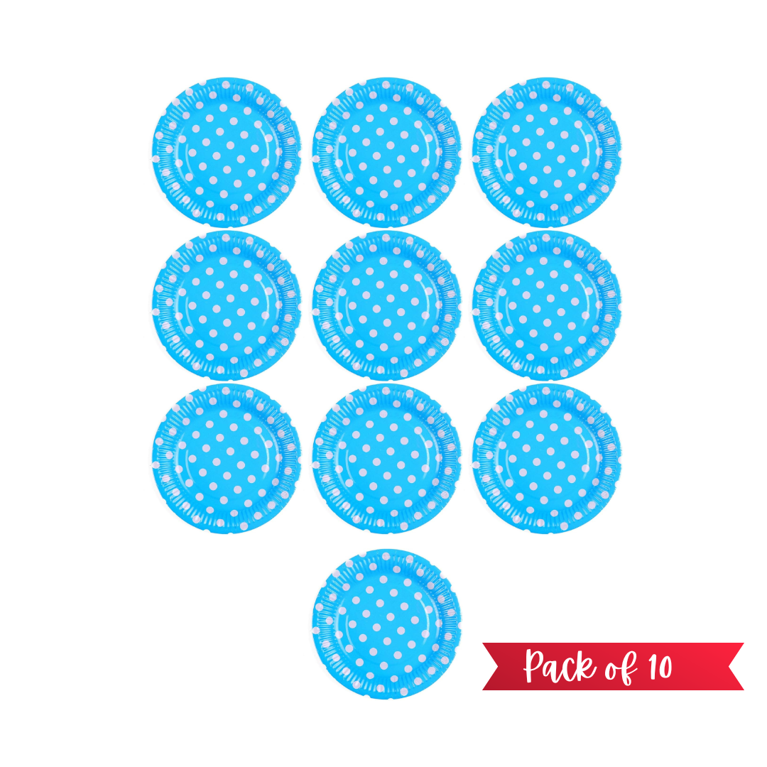 Blue Round Party Paper Plate w/ White Polka Dot - 10PC
