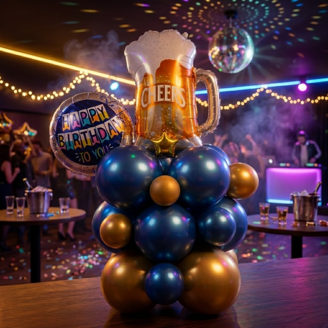 Eloquent Blue & Gold Cheers Beer Mug Air Filled Balloon Bouquet Arrangement