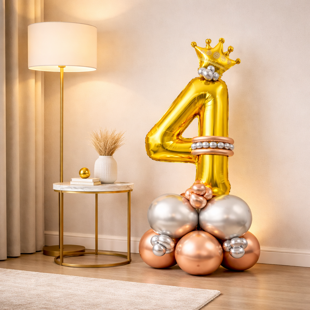 Royal 4th Birthday Large Golden Air Filled Balloon Bouquet Arrangement with Rose Gold & Silver Balloons