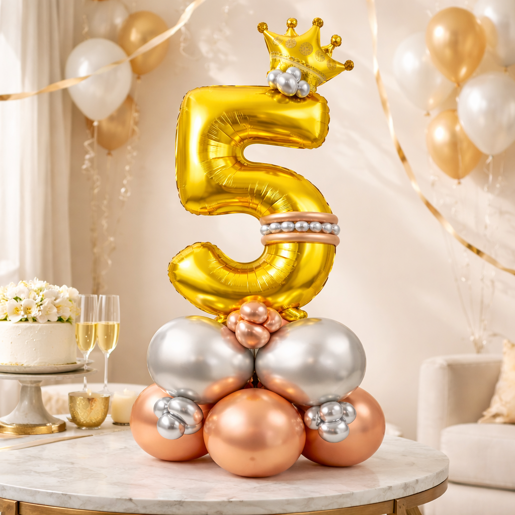 Royal 5th Birthday Large Golden Air Filled Balloon Bouquet Arrangement with Rose Gold & Silver Balloons