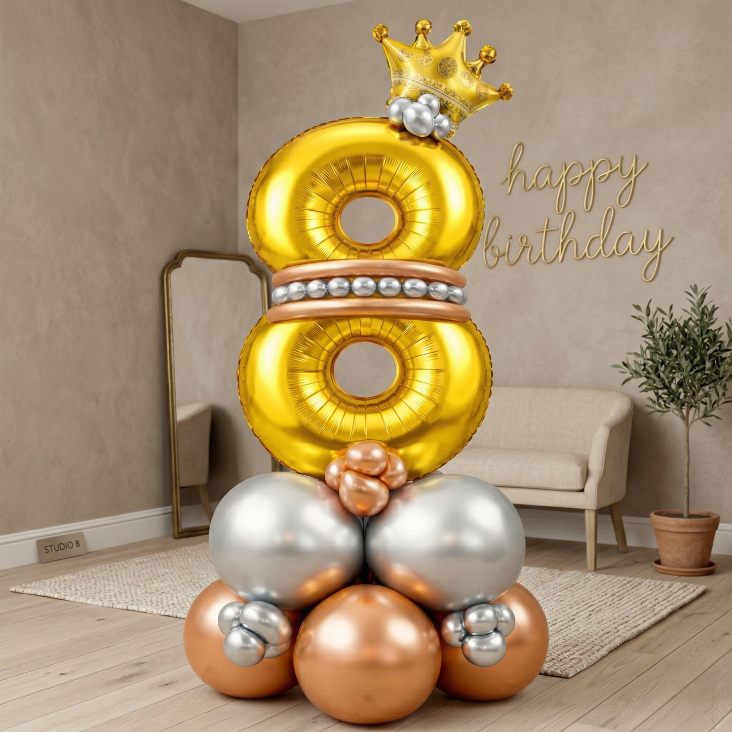 Royal 8th Birthday Large Golden Air Filled Balloon Bouquet Arrangement with Rose Gold & Silver Balloons