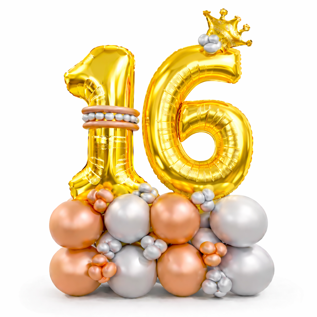 Signature 16th Birthday Large Golden Air Filled Balloon Bouquet Arrangement with Rose Gold & Silver Balloons