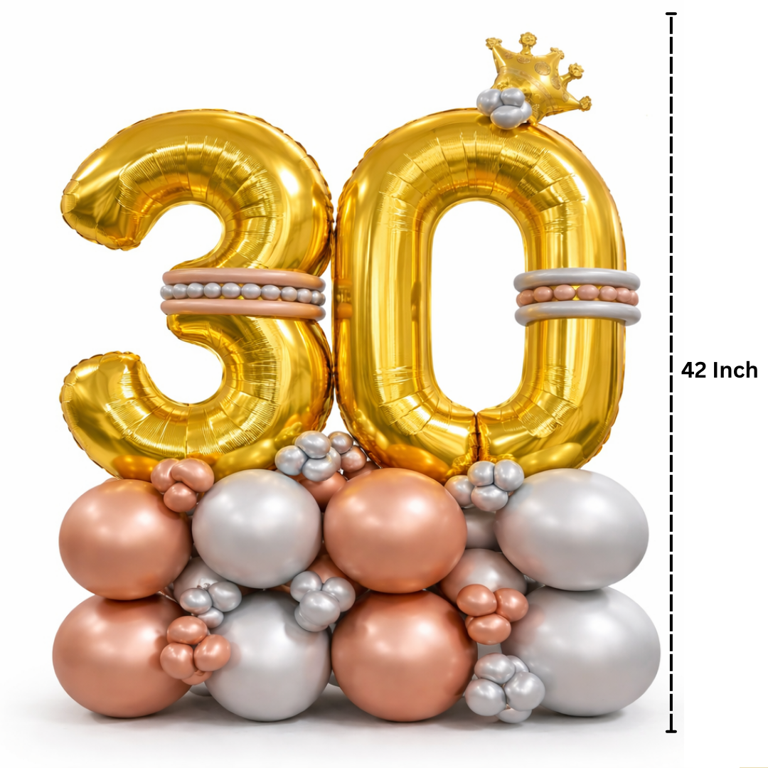 Signature 30th Birthday Large Golden Air Filled Balloon Bouquet Arrangement with Rose Gold & Silver Balloons