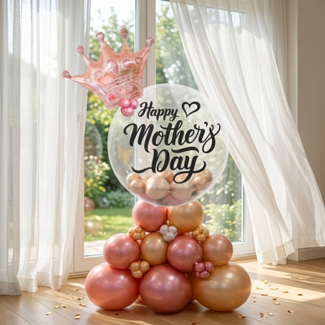 Fancy Mother's Day Balloon Bouqet Arrangement with Rose Gold Crown