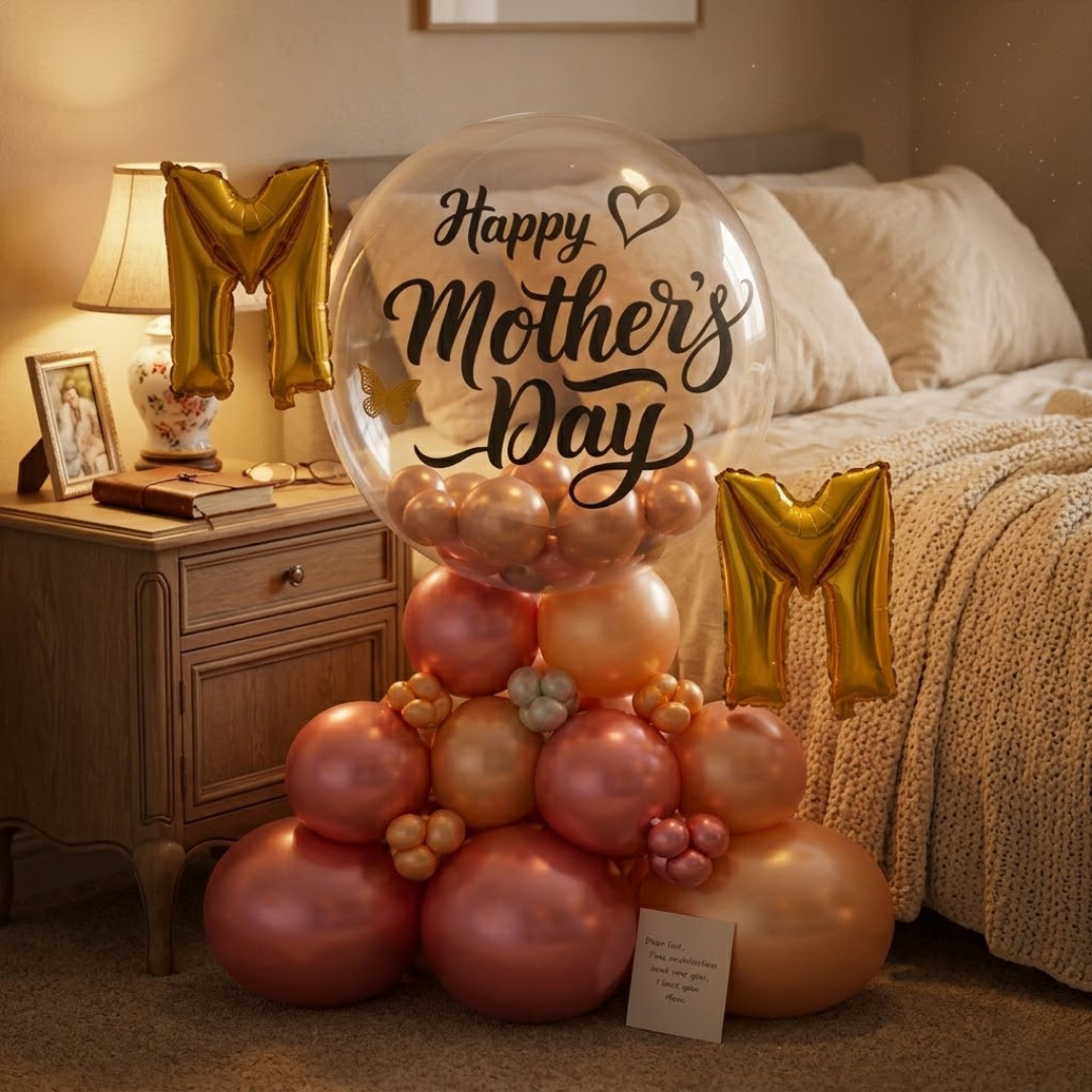 Stylish M-O-M Happy Mother's Day Air FIlled Balloon Bouquet Arrangement