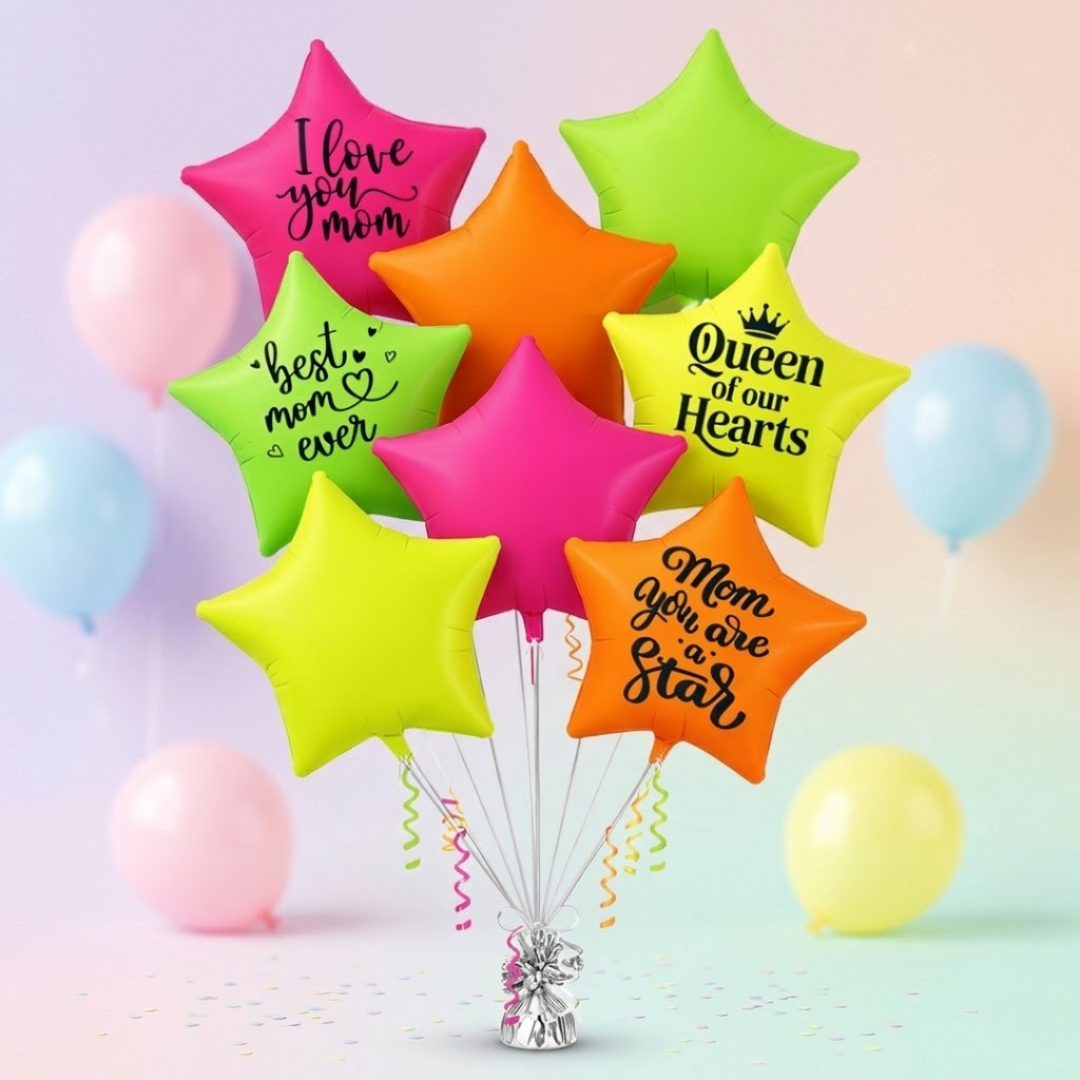 Mom You’re Special Printed Helium Filled Balloon Bouquet with UV Neon Star Balloons Set of 8