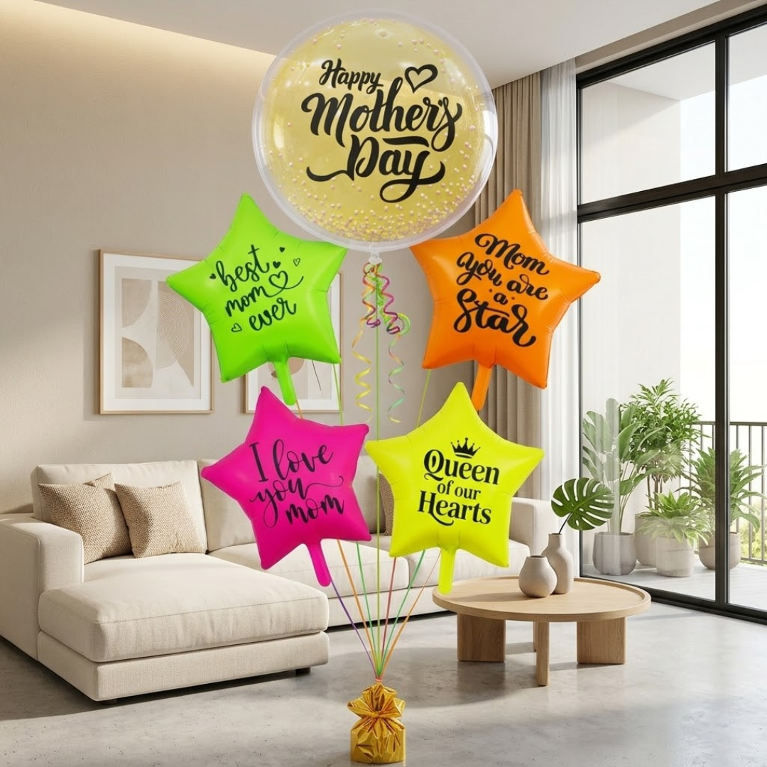 Happy Mother's Day Round Large Helium Fillled Ballon Bouquet Arrnagement with special messages printed on UV/Neon Star Ballloons