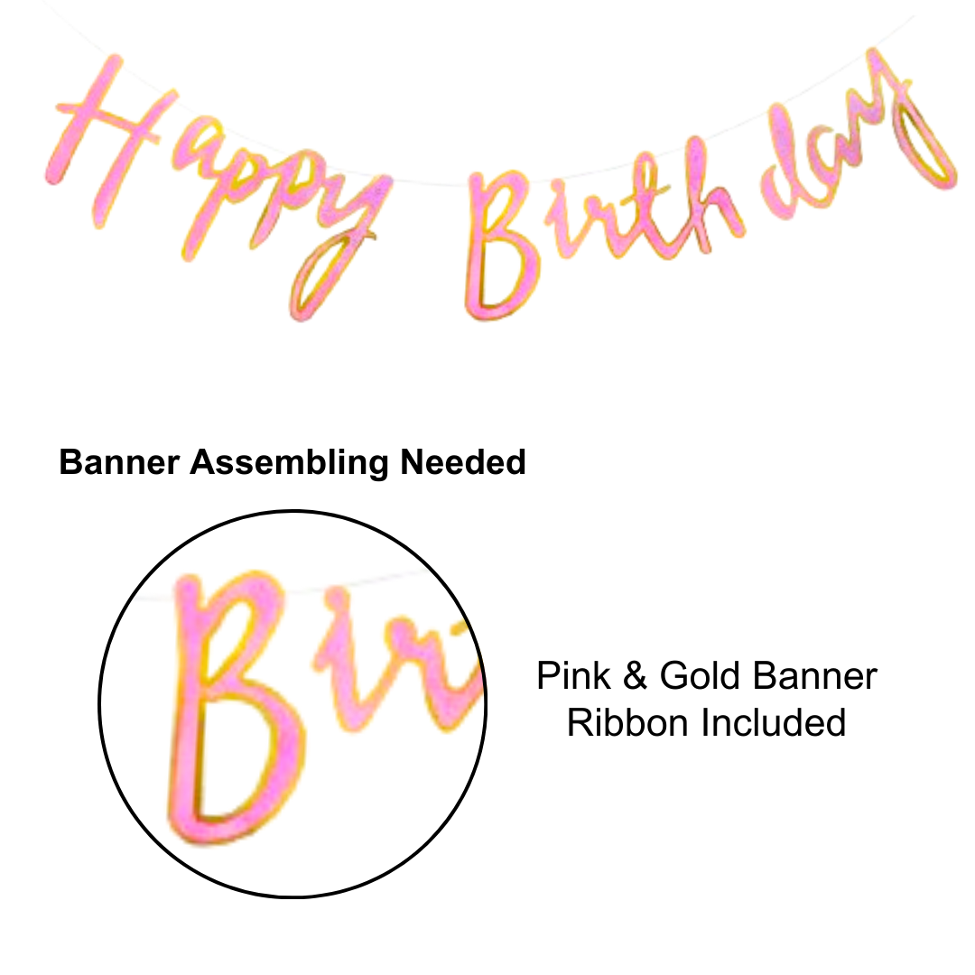 Hot Pink Happy Birthday Cursive Banner w/ White & Pink Confetti Balloons and Wall Hooks Birthday Combo - Set of 13PC