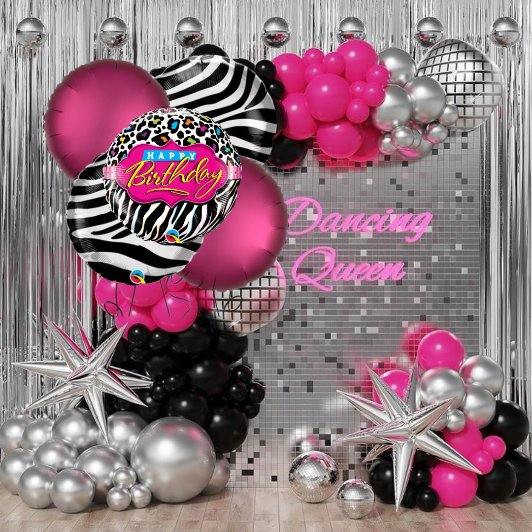 Happy Birthday Black & White Set with Pink Round Balloons - 5PC