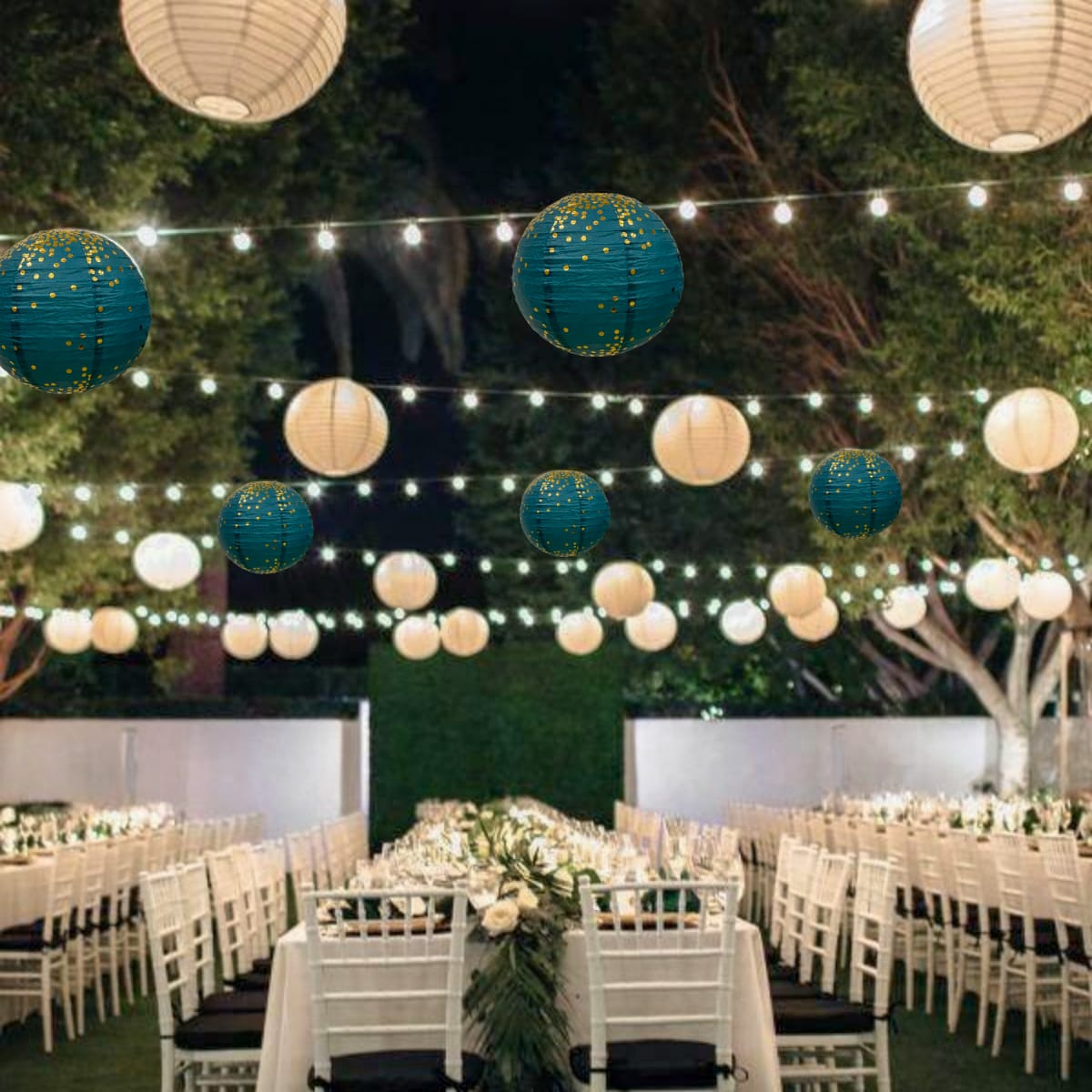 Aqua Blue & Golden Polka Dots Lantern 12"