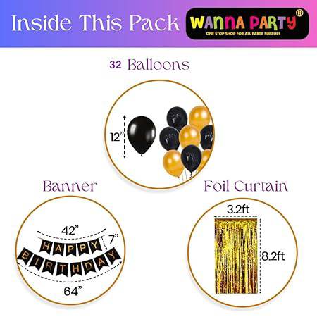 Happy Birthday Banner Decoration Kit including Birthday Banner, Foil Curtain and Black & Golden Balloons- Set of 34Pcs