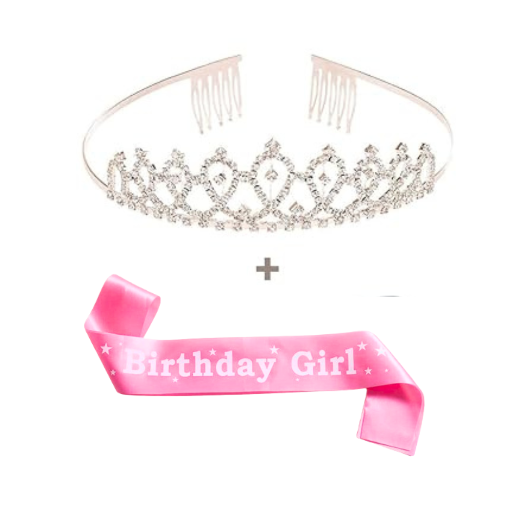 Wanna Party Birthday Sash & Rose Gold Rhinestone Tiara Kit - Birthday Girl Sash& Tiara