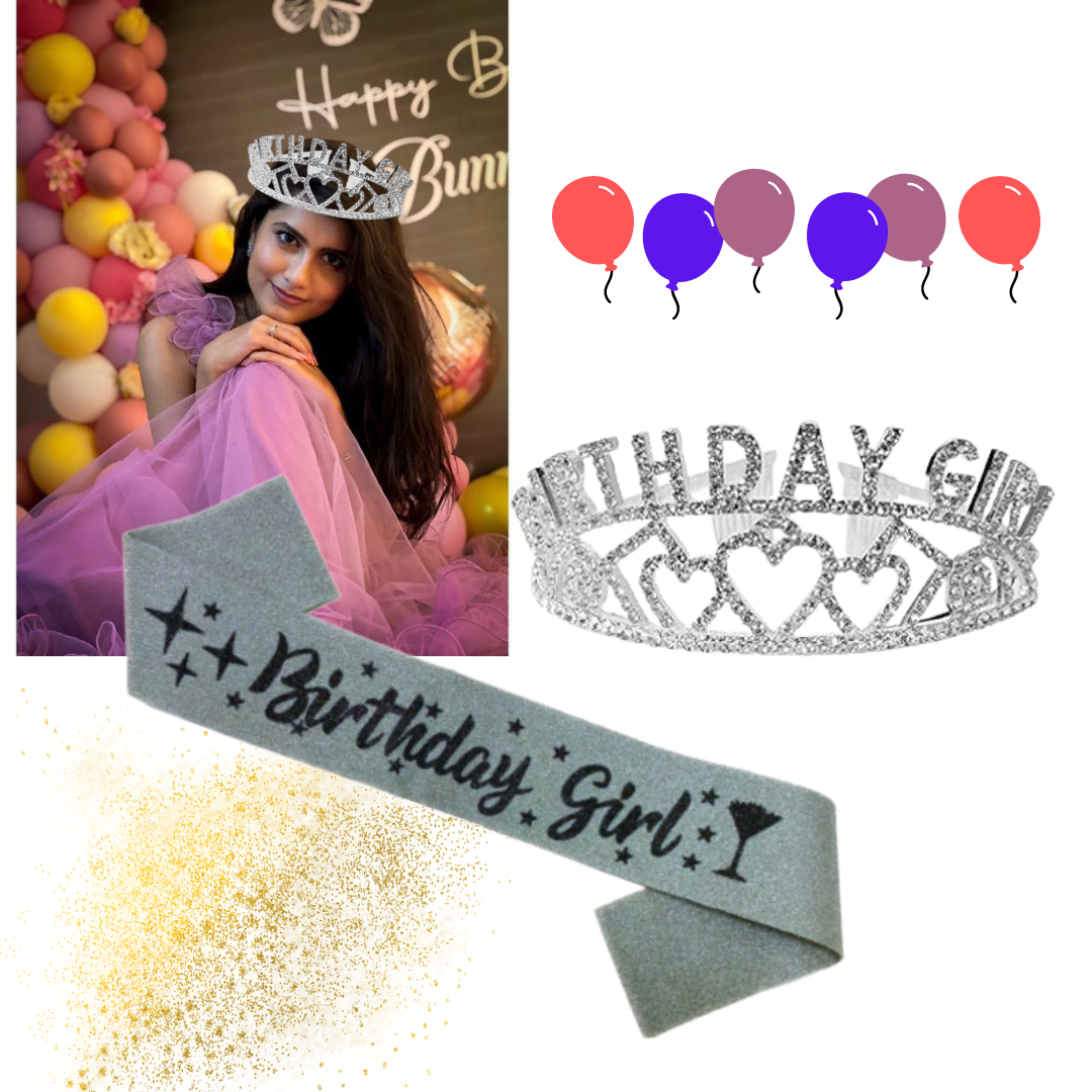 Birthday Girl Sash And Birthday Girl Crown - Pack of 2 Pcs Silver Birthday Sash for Girls | Birthday Crowns for Girls