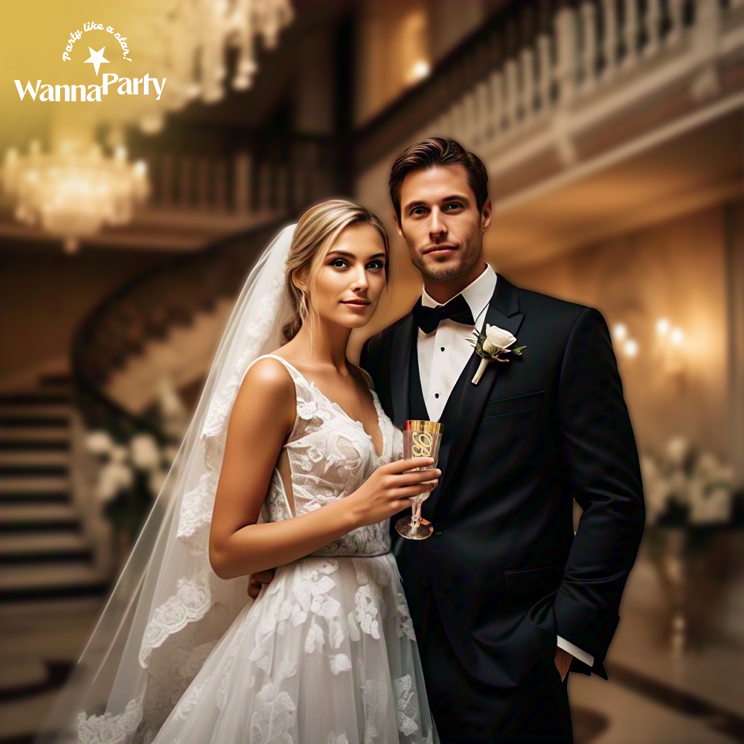 Customized Champagne Glasses Glossy Golden Color wi/ Bride & Groom Print - 2PC