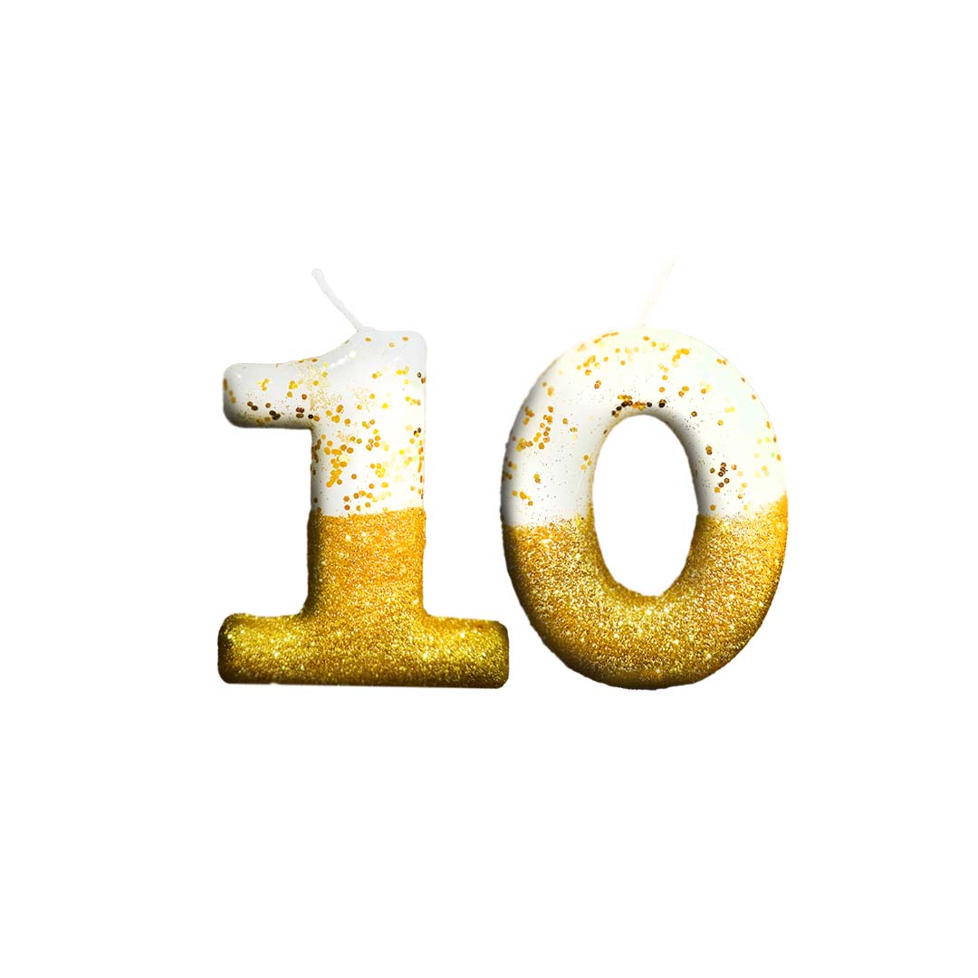 No. 10th Birthday Candle Gold & White w/ Glitter Dust - 1PC
