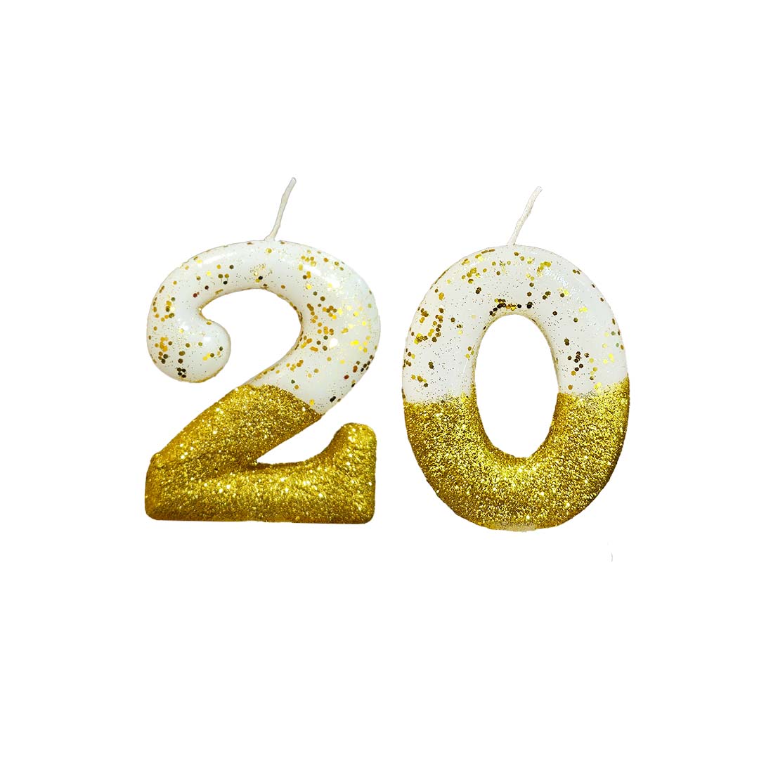 No. 20th Birthday Candle Gold & White w/ Glitter Dust - 1PC