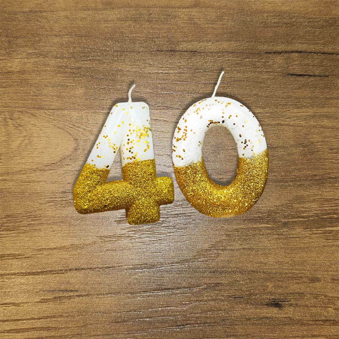 No. 40th Birthday Candle Gold & White w/ Glitter Dust - 1PC
