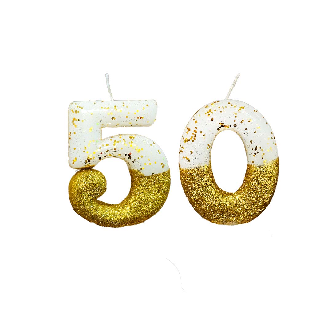 No. 50th Birthday Candle Gold & White w/ Glitter Dust - 1PC