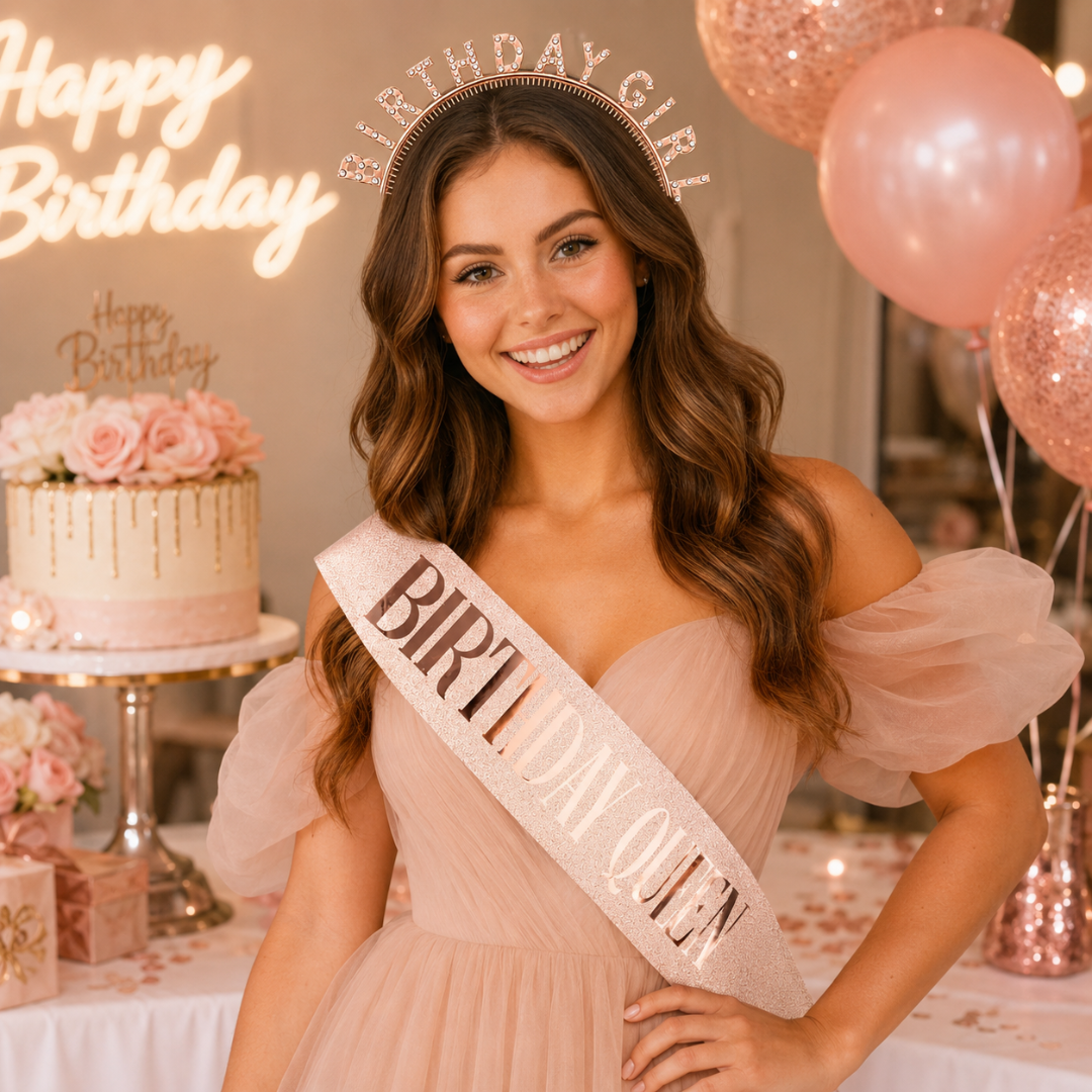 Happy Birthday Tiara Headband with Birthday Queen Sash Combo - 2PC