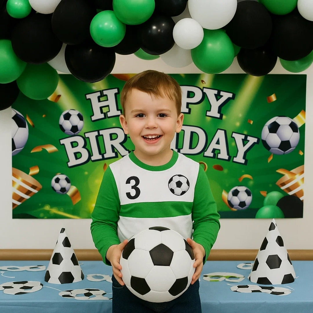 Happy Birthday Soccer Banner w/ Green & Black Latex/ Rubber Balloons - 4FT x 2FT - 1PC