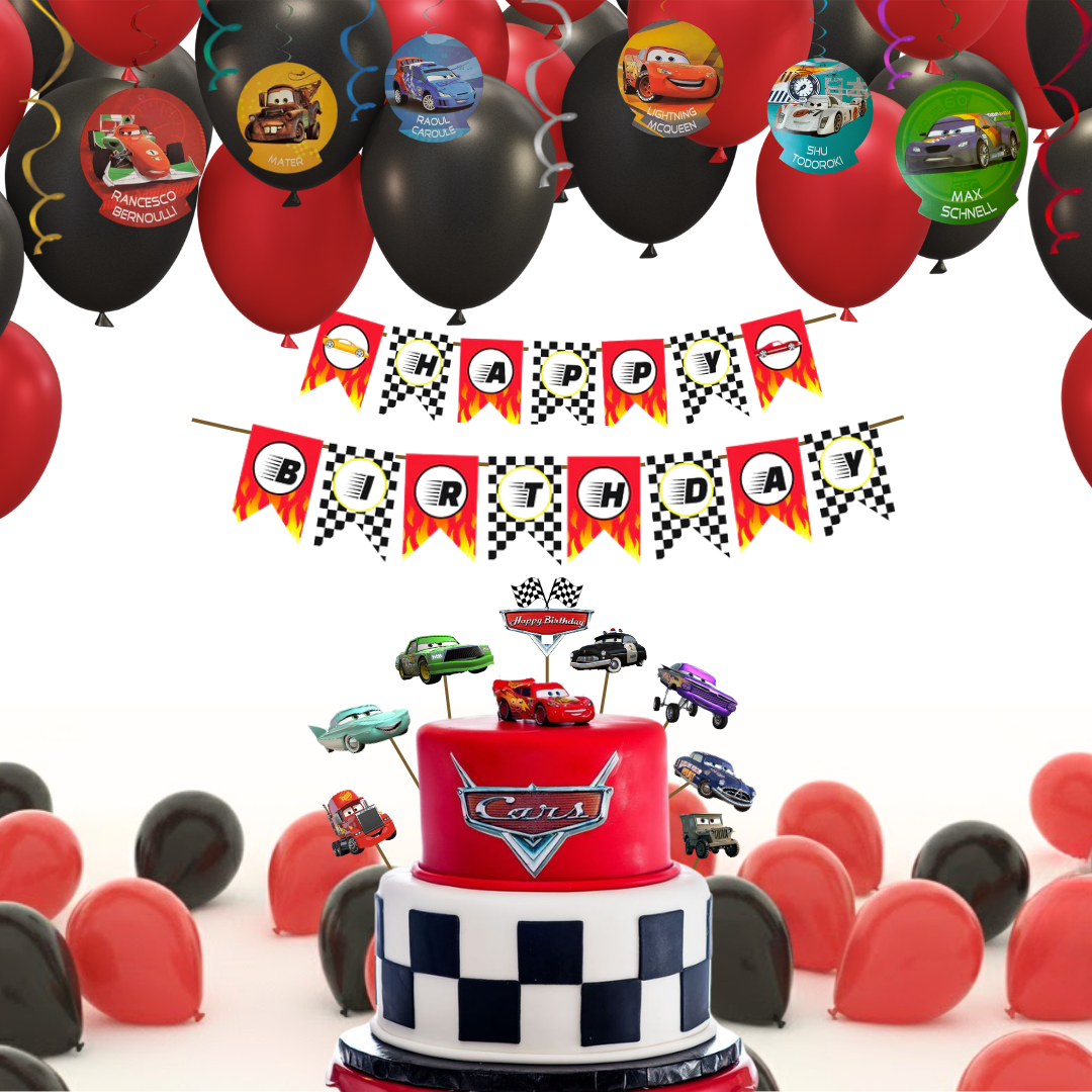 Racing Car Theme Birthday Decoration Combo Kit with Banner, Ballooons, Swirls & Cake Topper