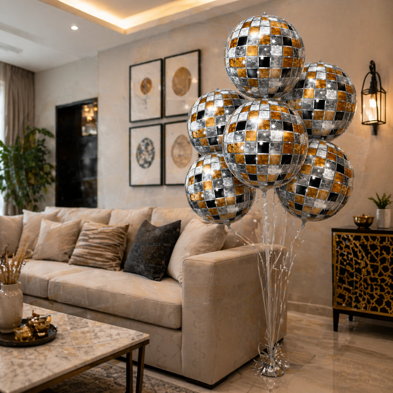4D Golden & Black Disco Ball Balloons - 6PCS