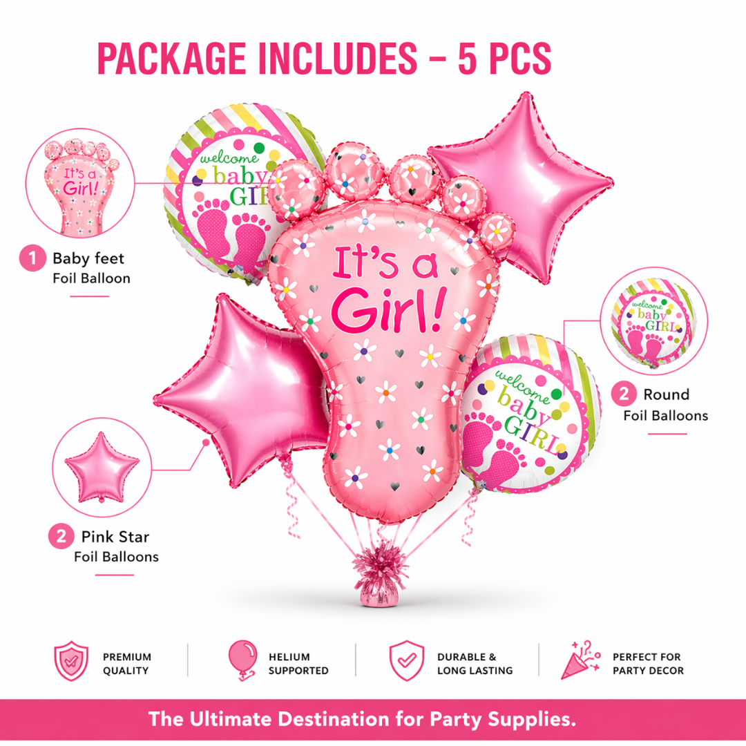 It's a Girl Baby Feet Welcome Baby Girl Balloon - Set of 5