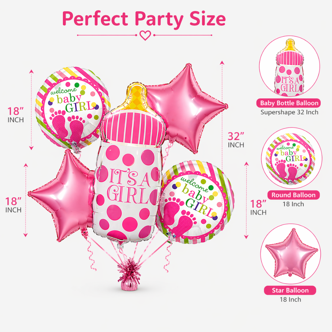 It’s a Girl Bottle Shaped Helium Balloon Set of 5 (Baby Bottle + Welcome Baby Girl + Pink Star Balloons) | Pre-Inflated & Delivered | Baby Shower Decoration