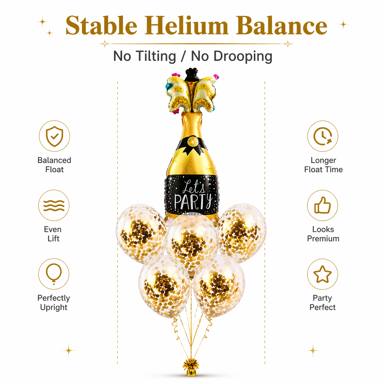 Let’s Party” Champagne Glass Foil Balloon Set of 6 for Celebration Decoration | 1 Supershape Champagne Balloon + 5 Gold Confetti Balloons |