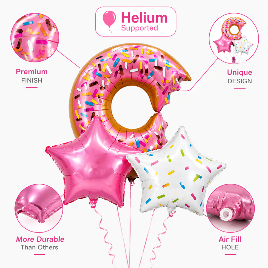 Donut Theme Foil Balloon Set of 5 for Birthday Decoration | Donut Balloon with 2 Sprinkled Star Balloons & 2 Pink Star Balloons
