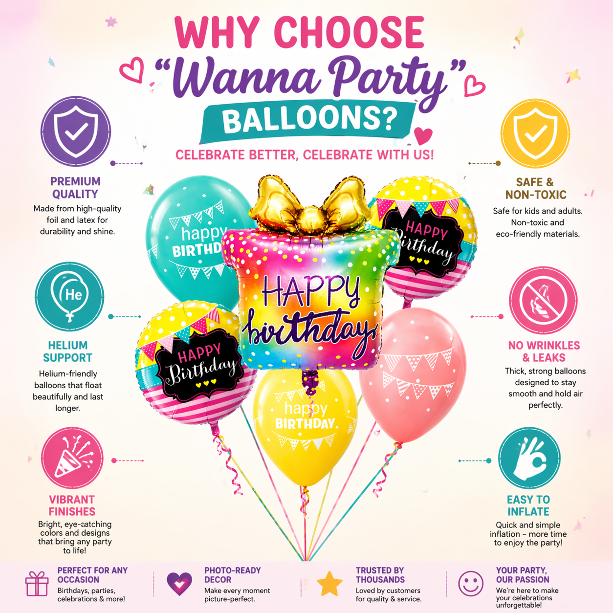 Happy Birthday Gift Box Foil Balloon Set of 6 for Decoration | 1 Supershape Gift Box Balloon + 2 Round Happy Birthday Foil Balloons (18 Inch) + 3 Printed Balloons