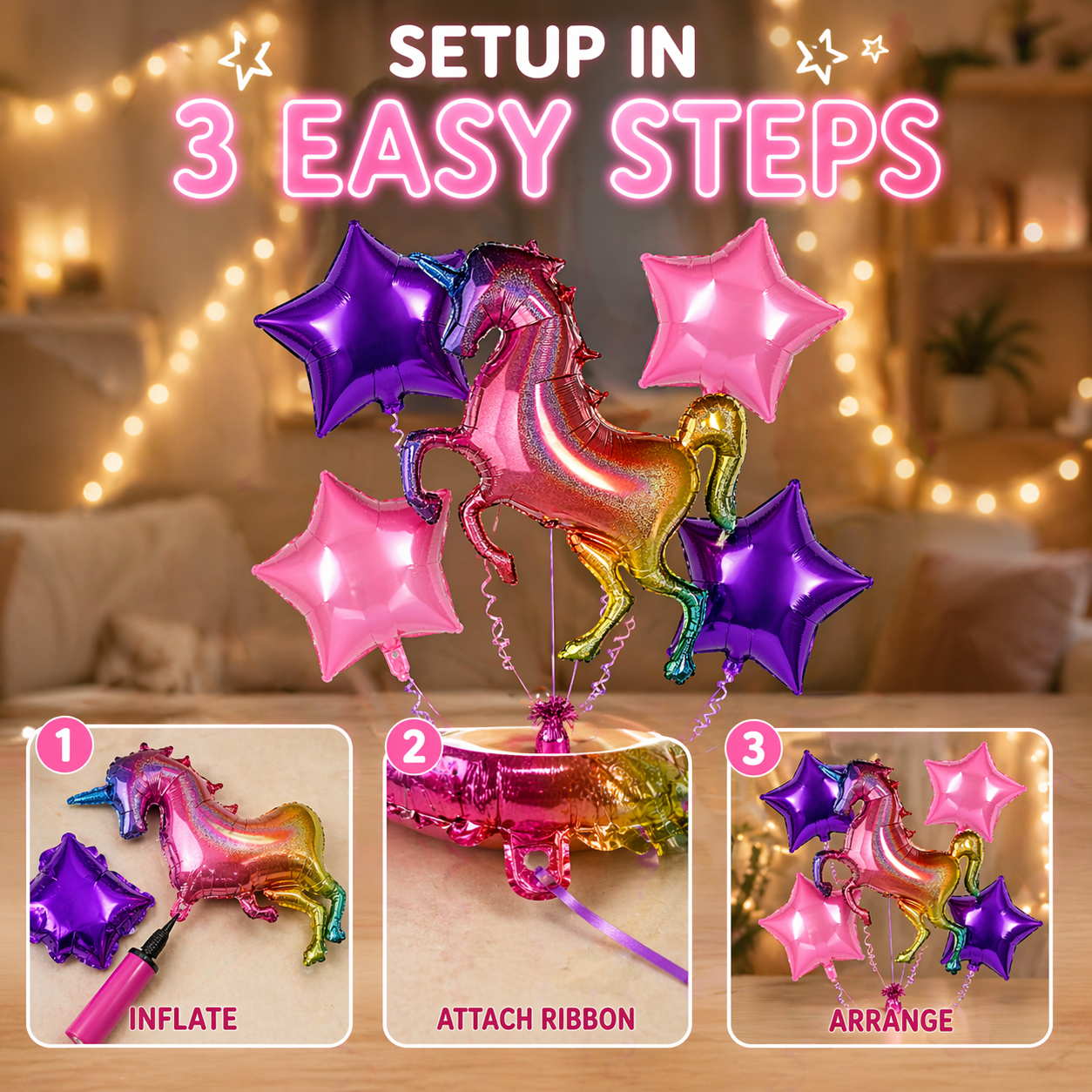 Unicorn Theme Foil Balloon Set of 5 for Birthday Decoration | 1 Supershape Rainbow Unicorn Balloon + 2 Purple Star + 2 Pink Star Balloons (18 Inch)