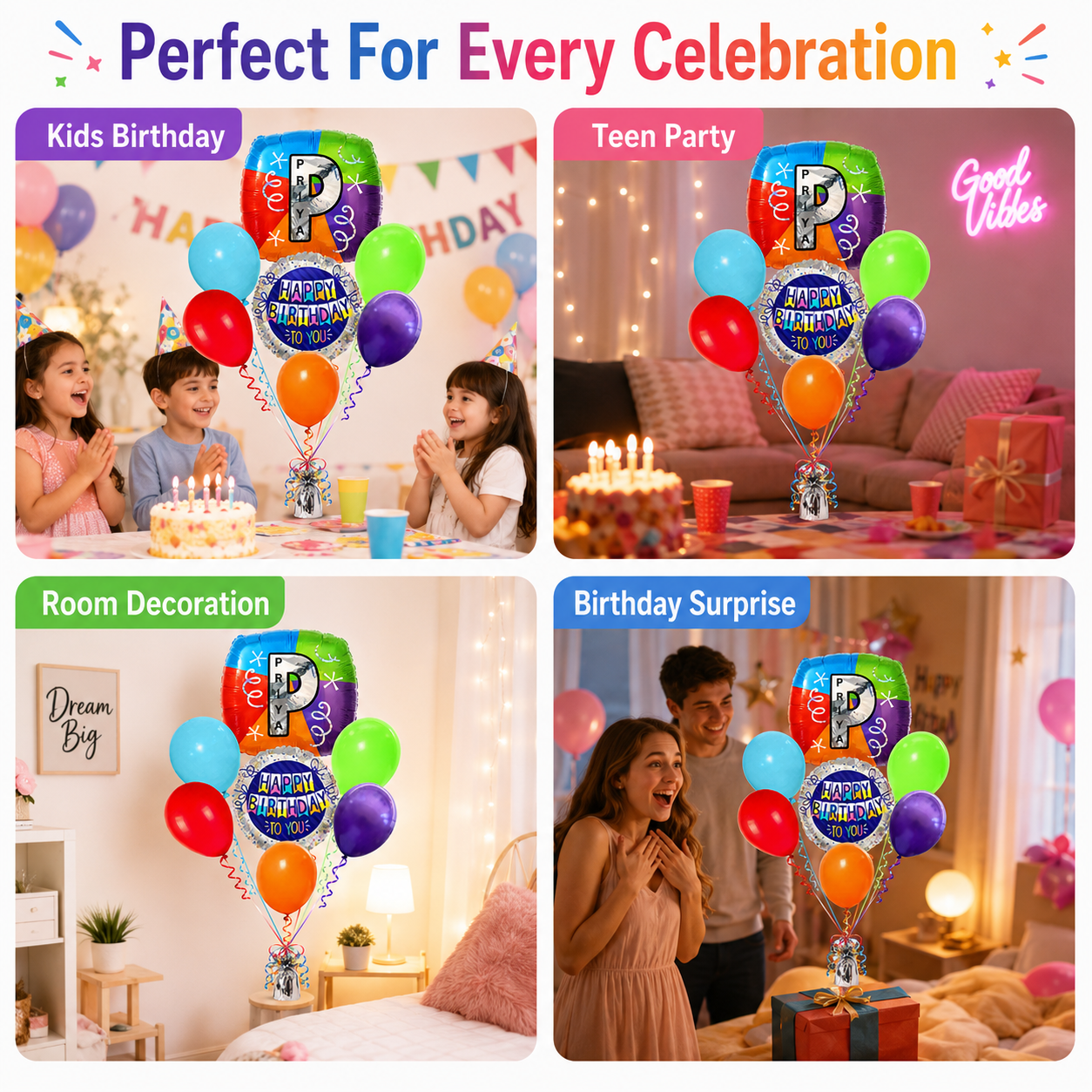Customizable Alphabet "P" Square Shaped Balloon with Customized Name Stickers Bouquet Set of 7PC | Customizable Name Inital Balloons| Choose Your Name