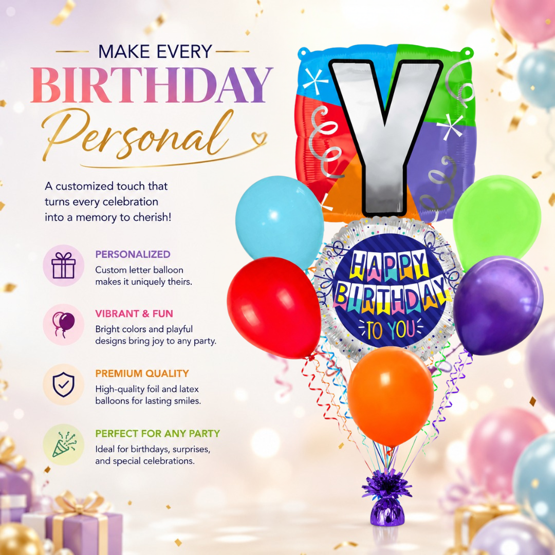 Customizable Alphabet "Y" Square Shaped Balloon with Customized Name Stickers Bouquet Set of 7PC | Customizable Name Initial Balloons | Choose Your Name | Helium Filled & Delivers Inflated