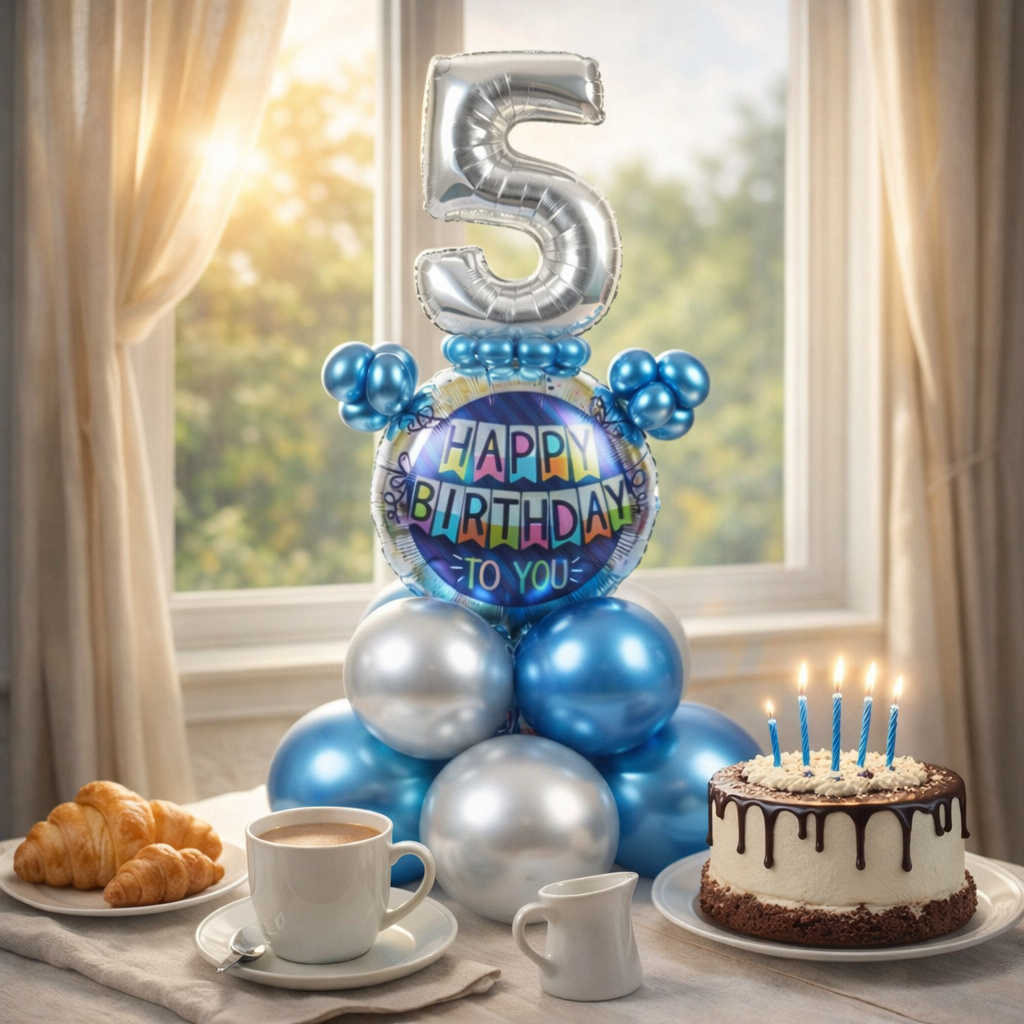 Designer Blue & Silver Balloon Bouquet Arrangement for 5th Birthday