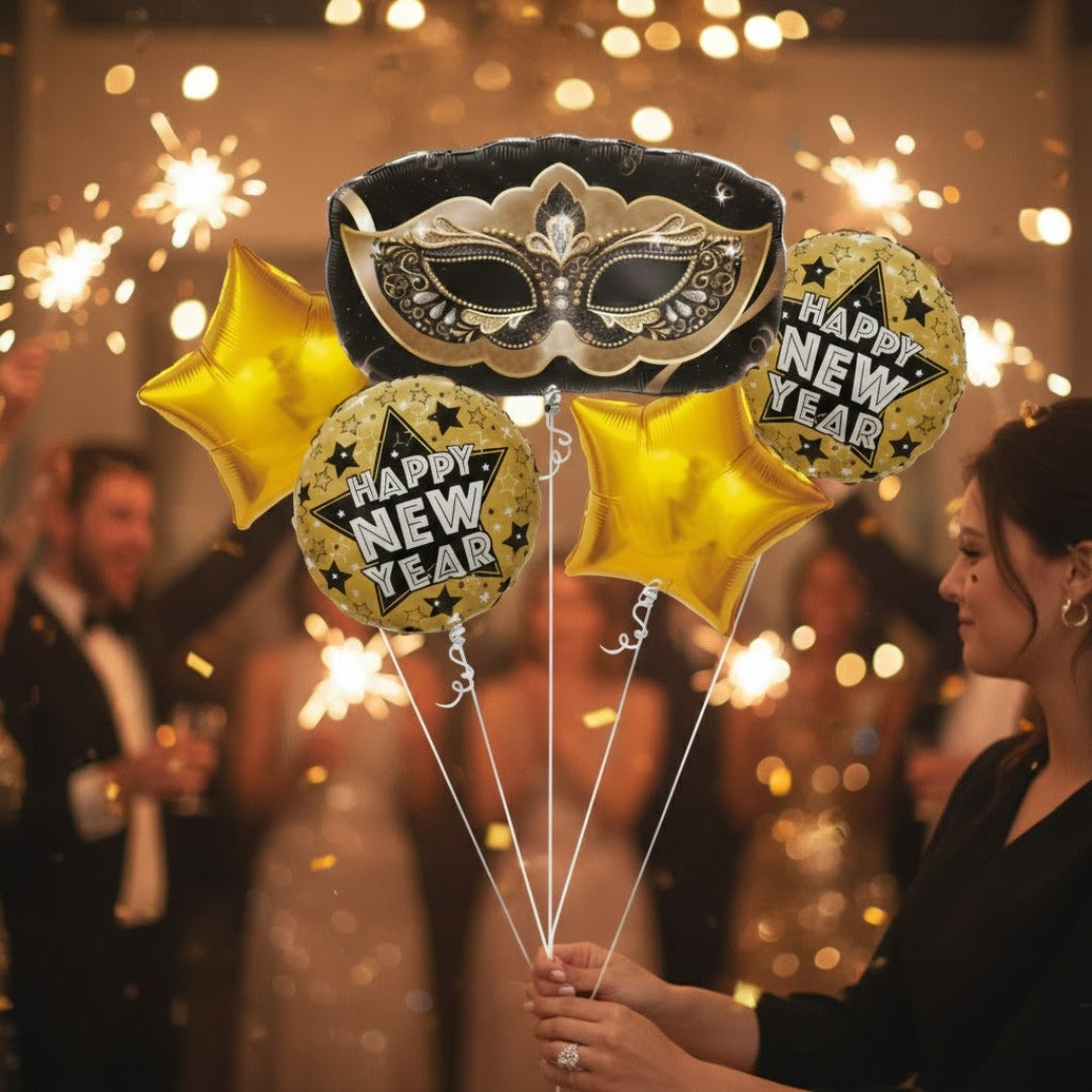 Happy New Year Mask Foil Balloon - Set Of 5
