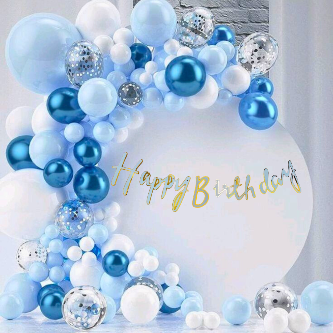 Happy Birthday Cursive Banner Blue & Gold -6 FT