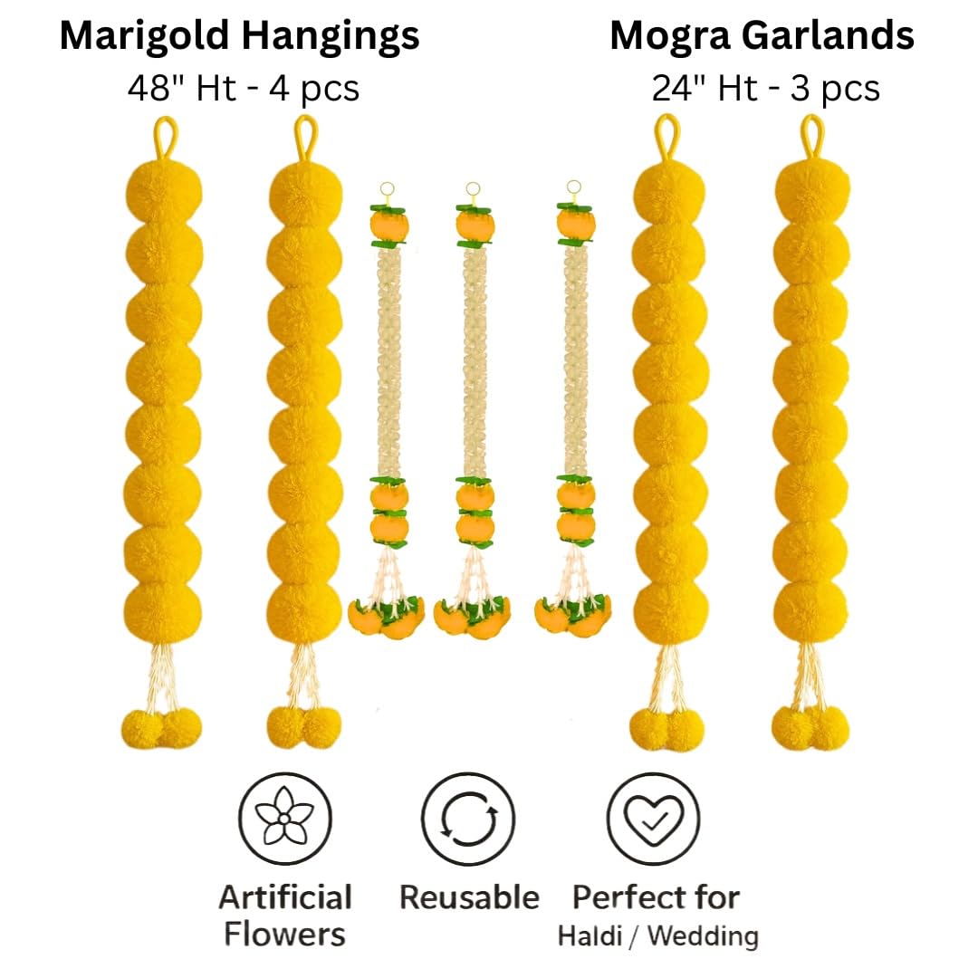Atrtificial Yellow Marigold and White Mogra Garlands Hanging Backdrop Decorations Set of 7