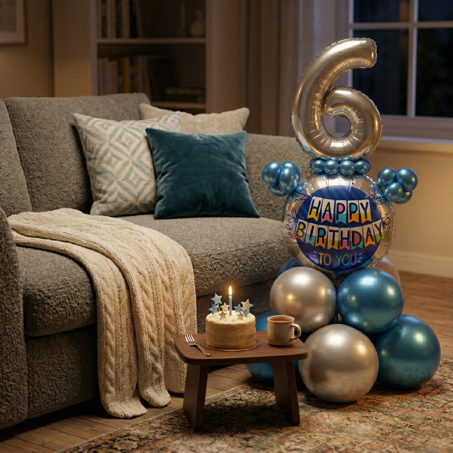 Designer Blue & Silver Balloon Bouquet Arrangement for 6th Birthday