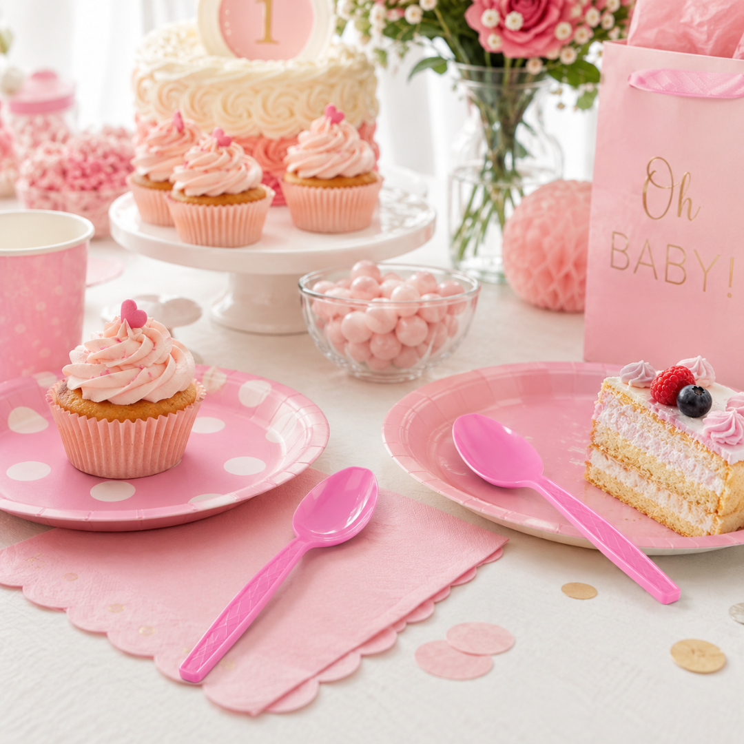 Light Pink Spoons - 20PC | Pastel Pink Party Spoons for Cake, Dessert or Snacks | Sturdy Picnic Spoons
