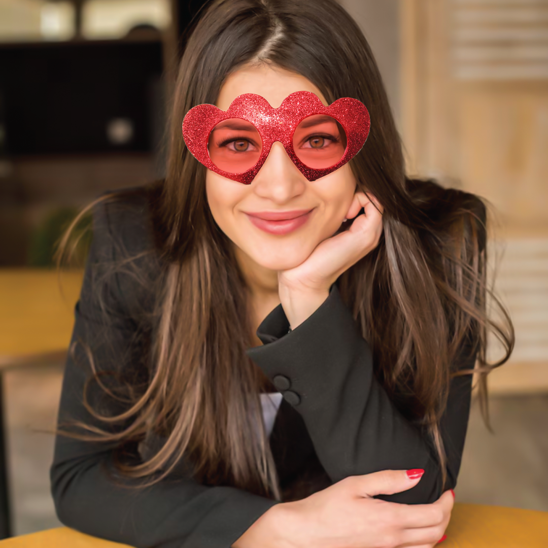 Double Heart Shaped Red Glittery Sunglass - 1PC