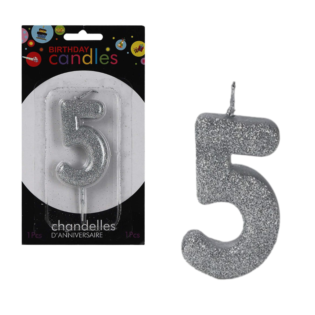 No. 5 Glitter Silver Candle - 1PC