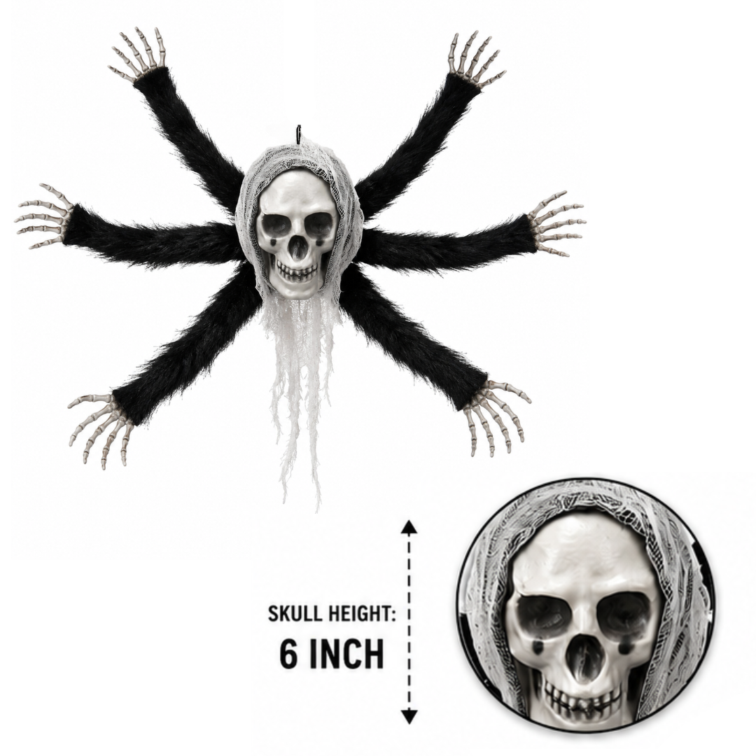 Hanging Skull Spider Decoration with Black Legs for Halloween & Theme Party Décor – 1FT – 1PC