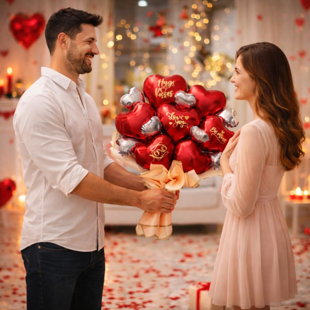 Red & Rose Gold Love You Text Foil Balloon Bouquet - 3PC