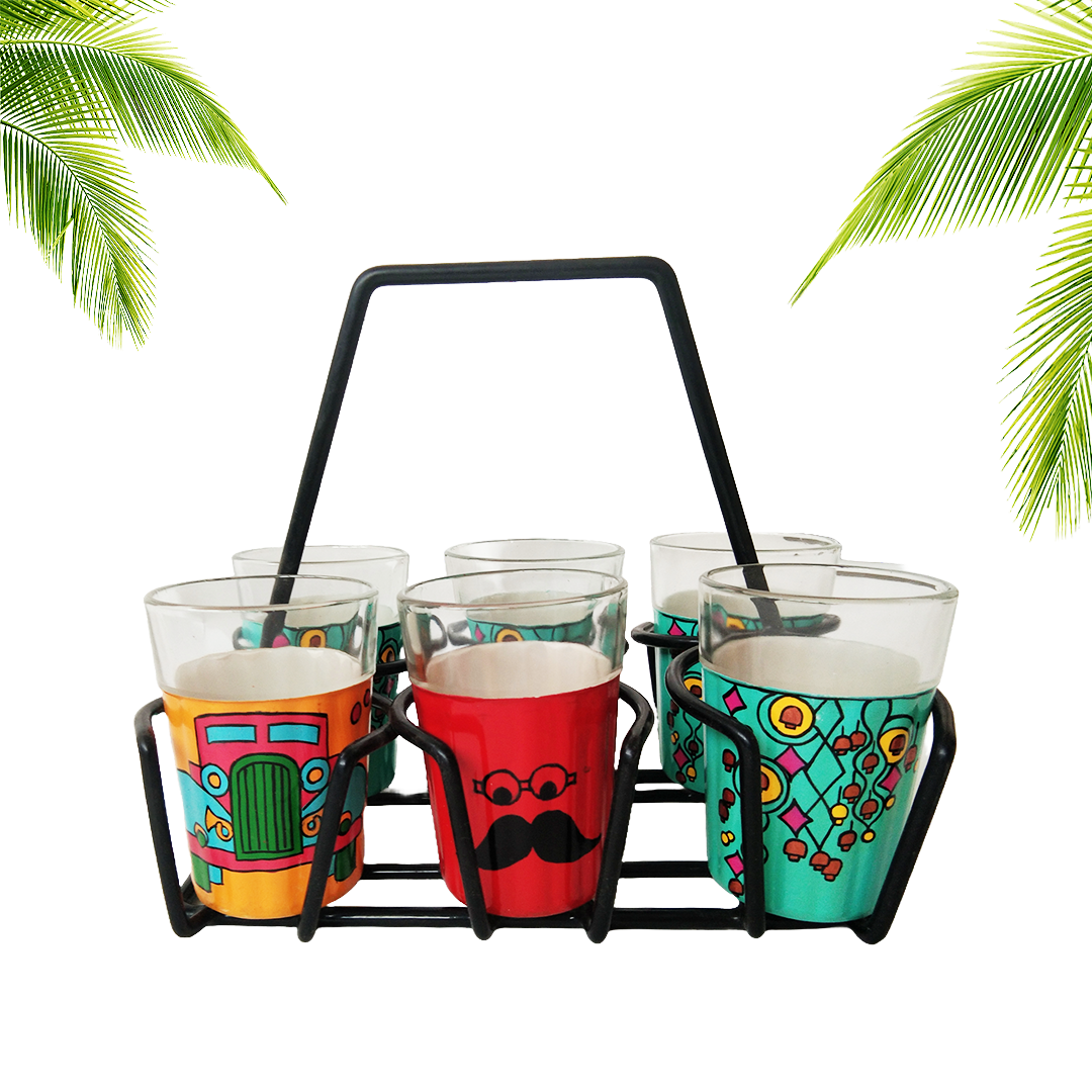 Cutting Chai Painted Glasses With Cup Holder - 6PC